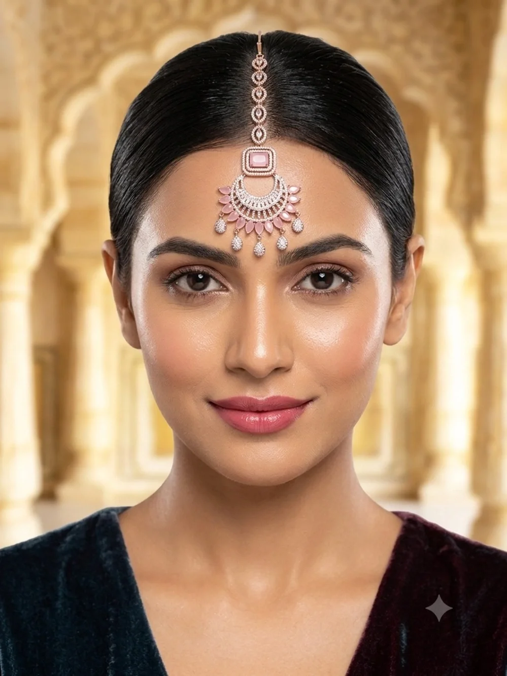 Women's Pink Maang Tikka Jewelry - Elegant Bridal Forehead Pendant